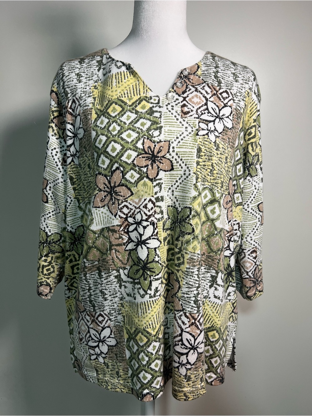 Olive Green Floral Patchwork V-Neck Tunic Top